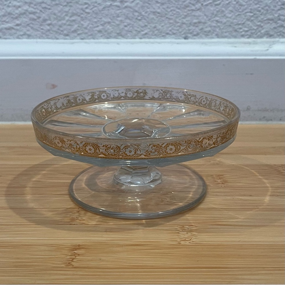 Vintage Glass Pedestal Candy Dish with Gold Floral Trim